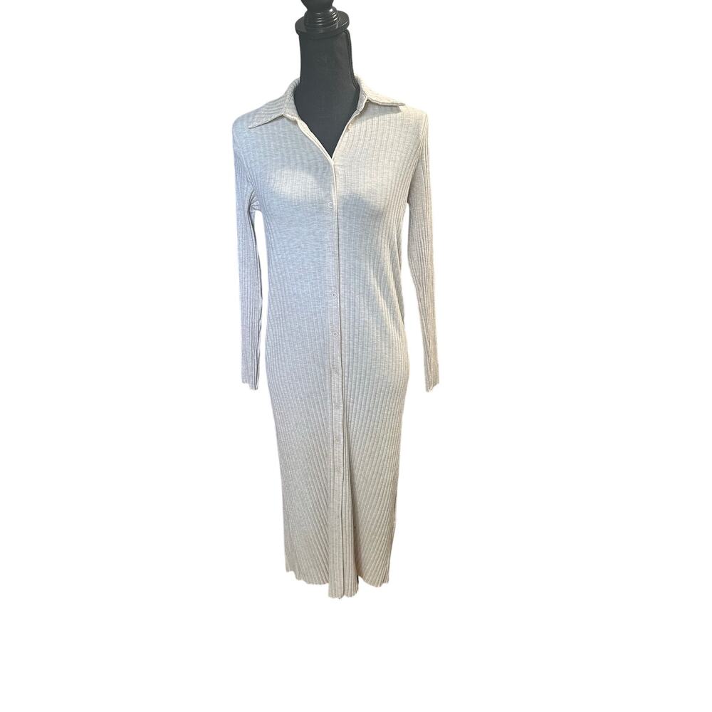 Minimalist Chic H&M Cream Ribbed Button-Down Polo Midi Dress S